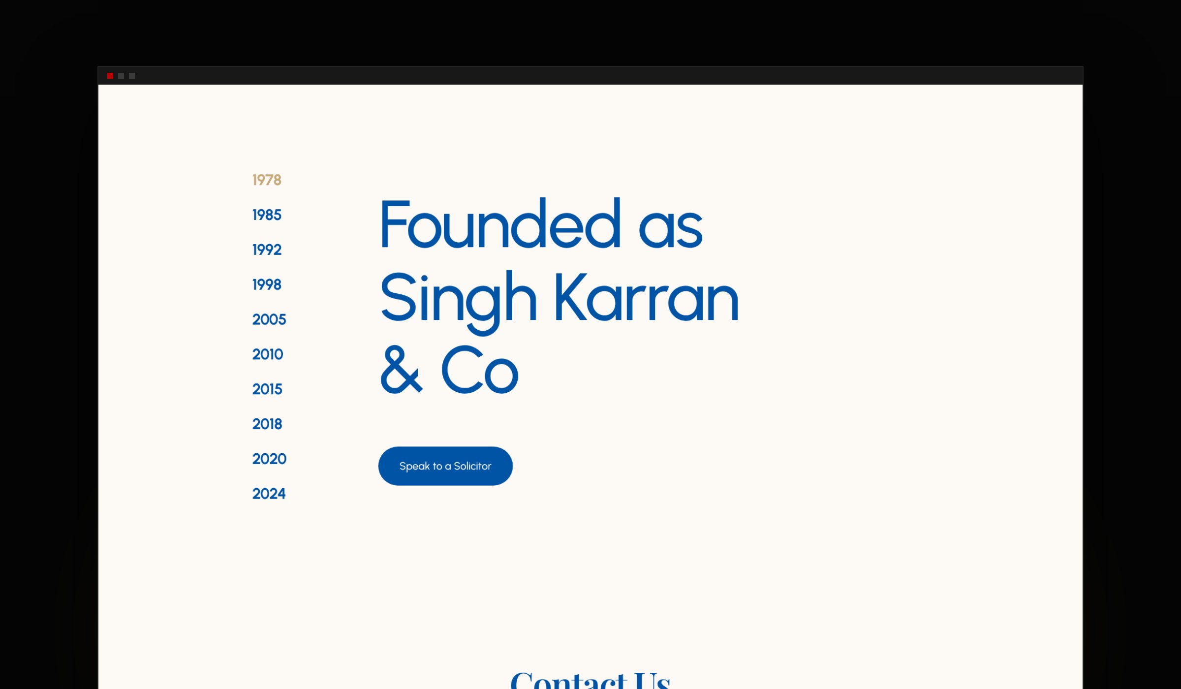About page timeline from 1978 to 2024 with the heading Founded as Singh Karran and Co
