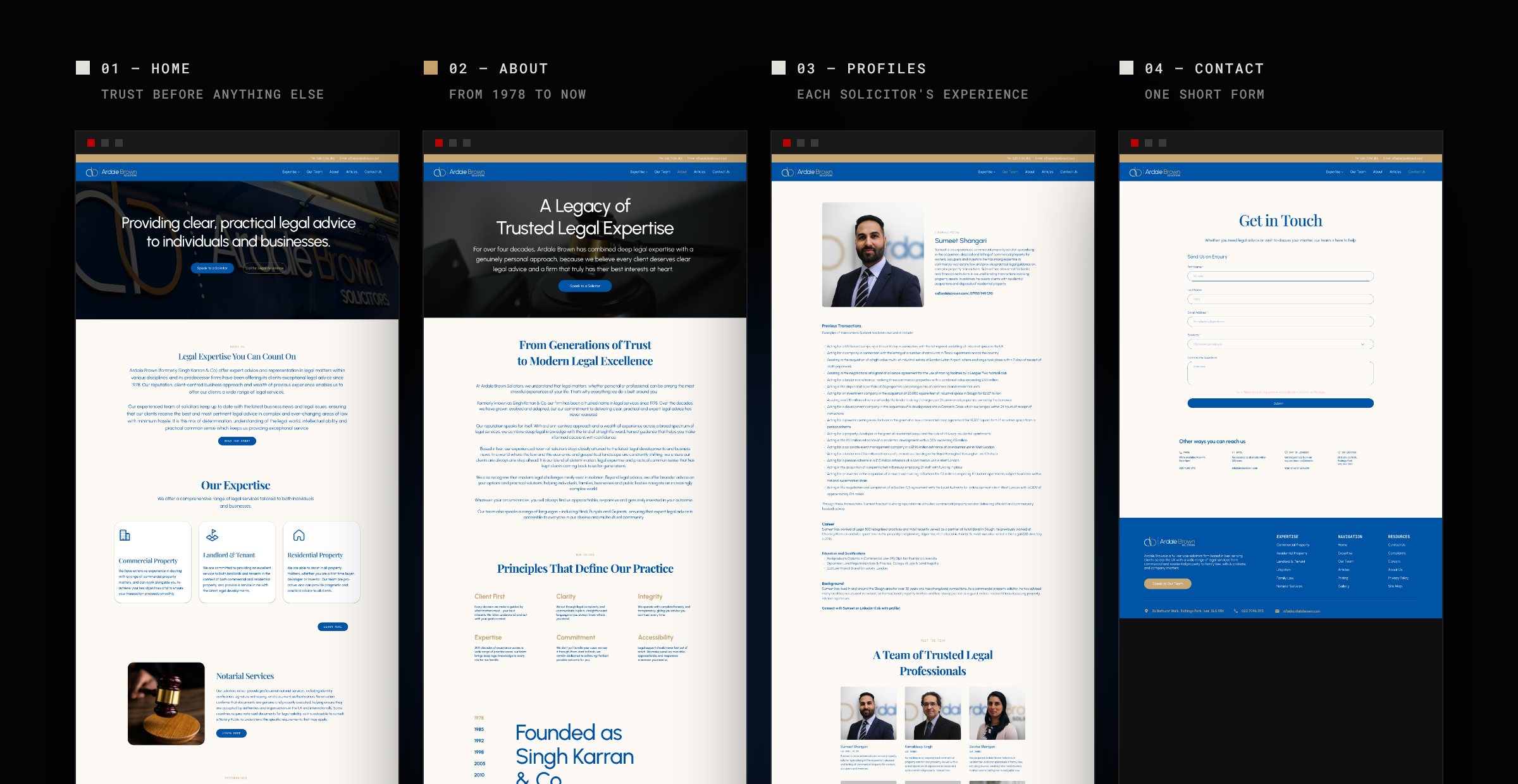 Four Ardale Brown pages: home, about, a solicitor profile and contact