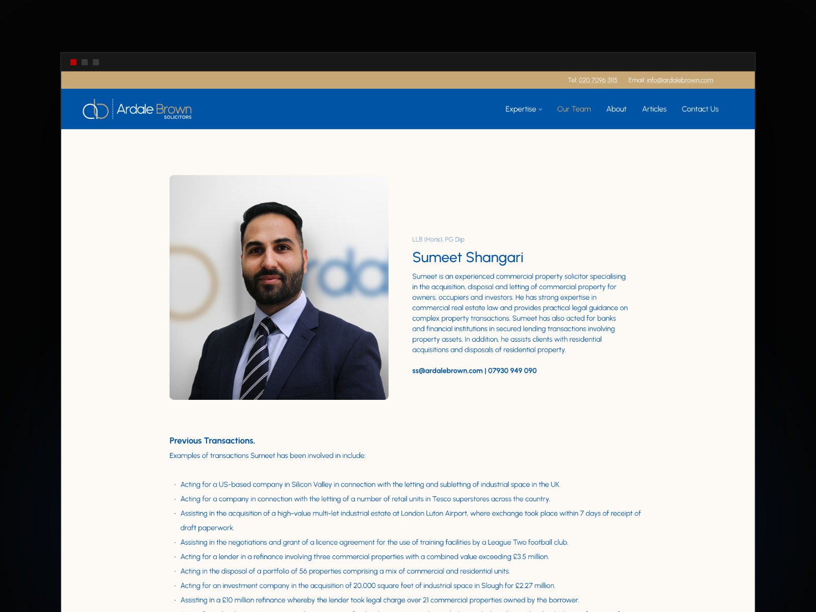 A solicitor profile page with photo, bio and previous transactions
