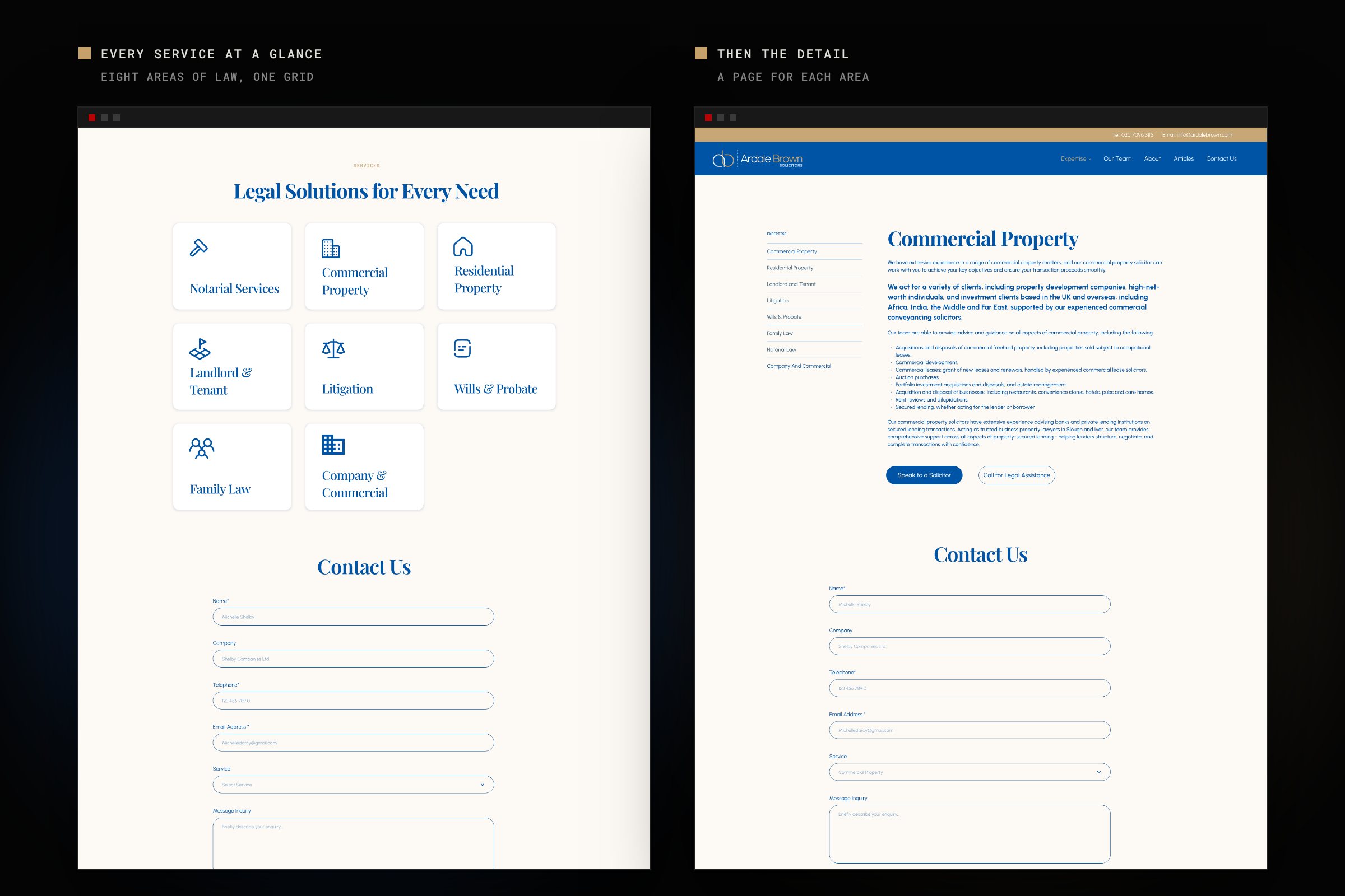 Expertise page grid of eight areas of law next to the Commercial Property page