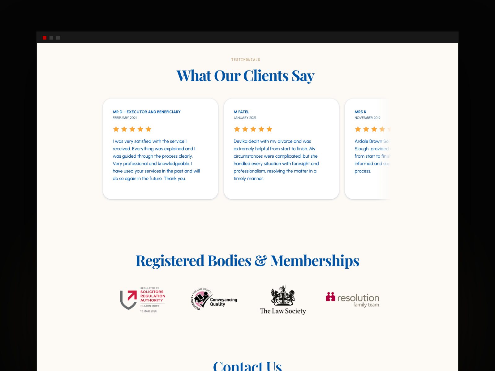 Client reviews and registered bodies on the Ardale Brown home page