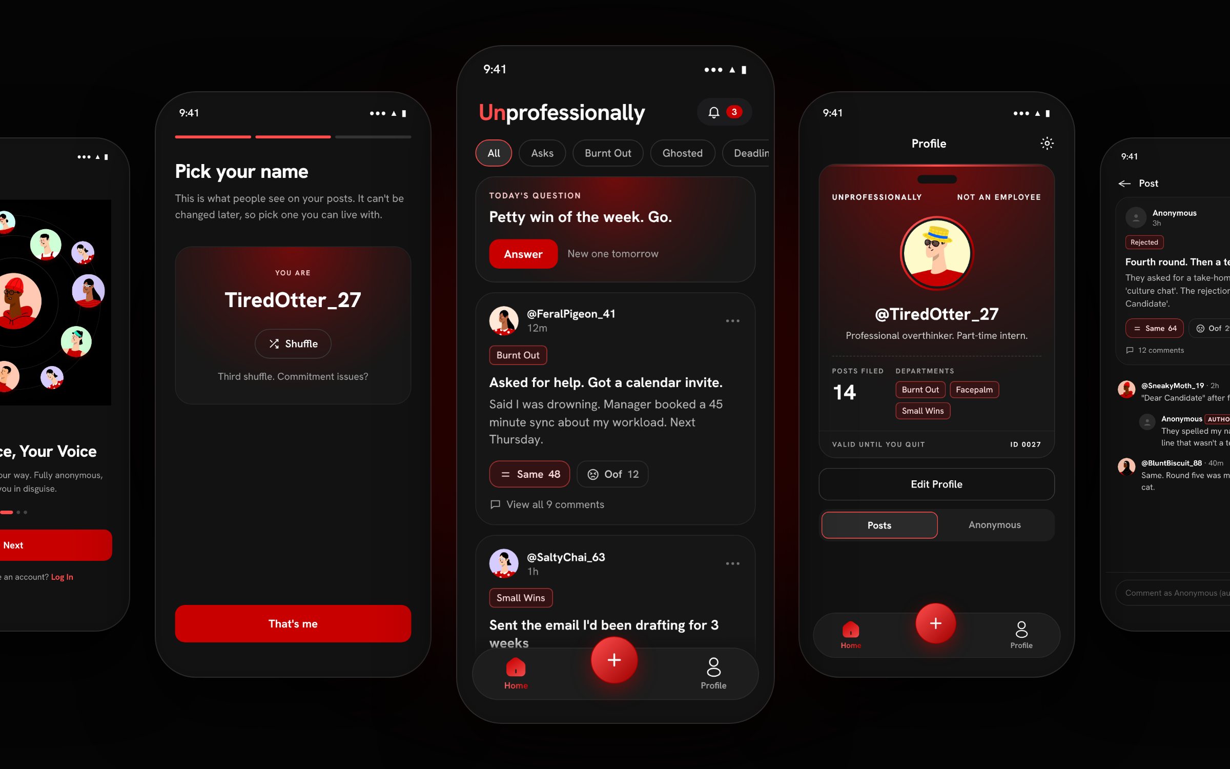 Unprofessionally app: five screens with the home feed in the centre