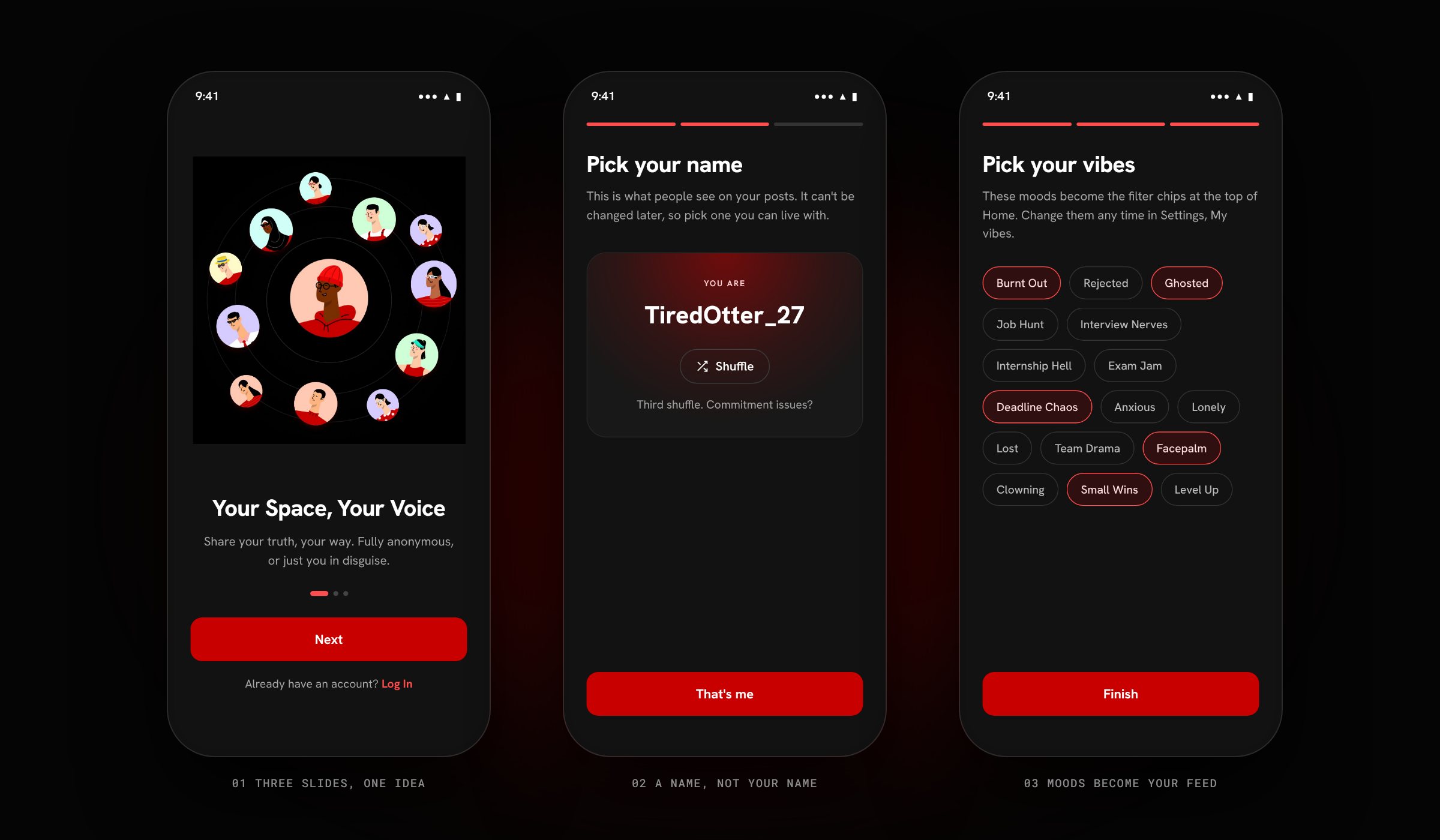 Three onboarding screens: welcome slide, pick your name with TiredOtter_27, and pick your vibes