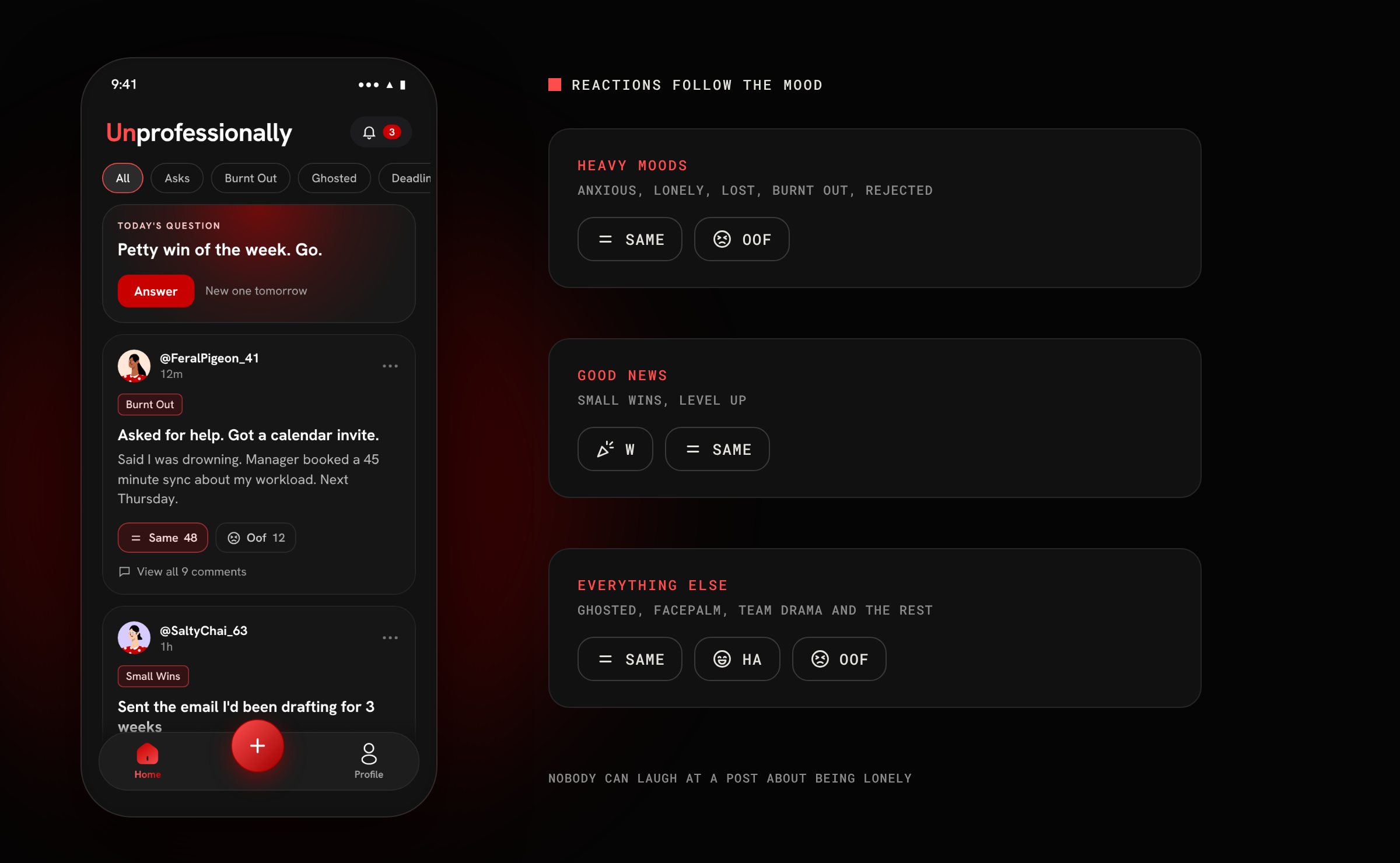 Home feed next to the three reaction sets: heavy moods, good news and everything else